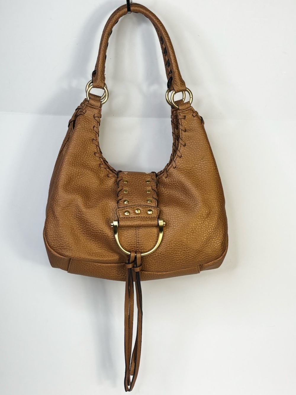 Fringe Gold and Brown Hobo Bag with Ring Accent